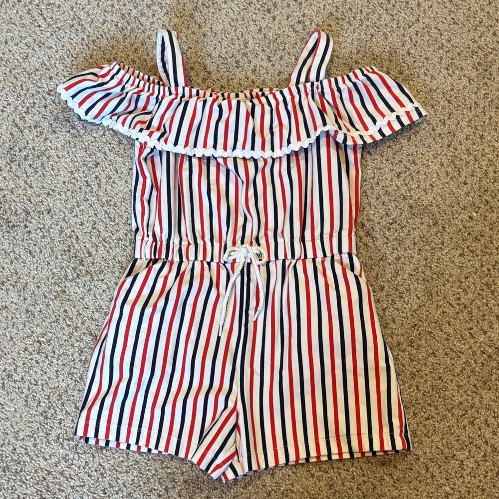 Janie & Jack Striped Off the Shoulder Romper Size 6 | Ruffle | Stripes | Pockets